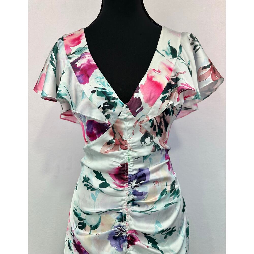 Parker Black Charlotte Watercolor Floral Satin High Low Midi Dress Size 4 - Picture 3 of 14